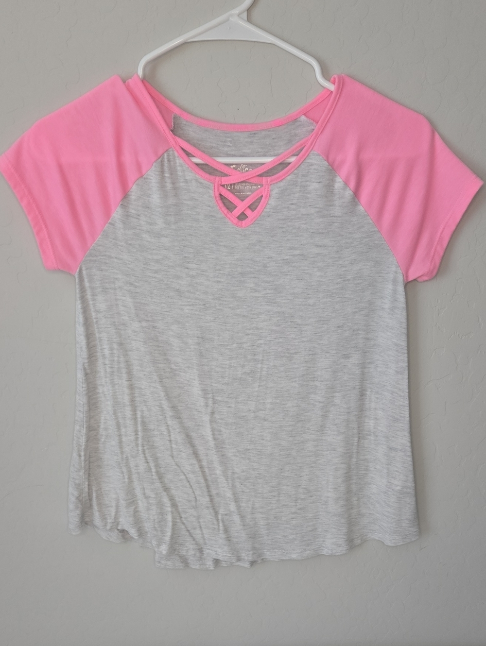 Justice Grey Tee with Pink Raglan Sleeves and Lattice Neck